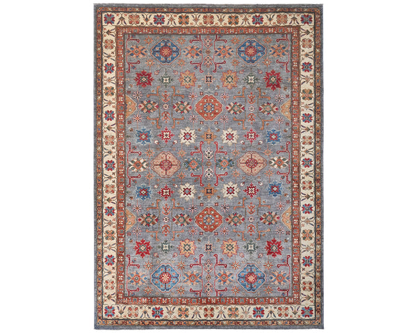 Gray 8x10 Kazak Afghan Hand Knotted Geometric Wool Area Rug