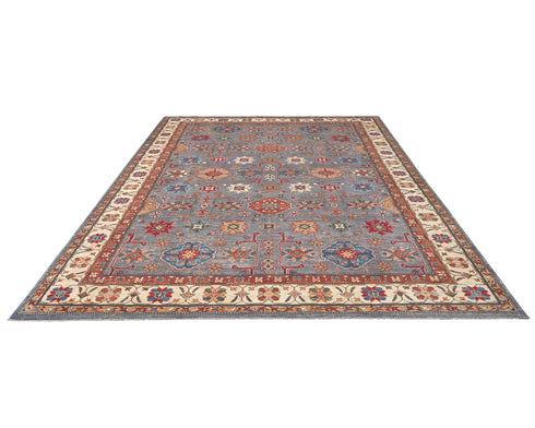 Gray 8x10 Kazak Afghan Hand Knotted Geometric Wool Area Rug
