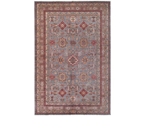 Gray 9x12 Ft Kazak Afghan Hand Knotted Geometric Wool Area Rug