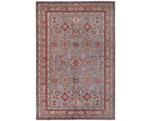 Gray 9x12 Ft Kazak Afghan Hand Knotted Geometric Wool Area Rug