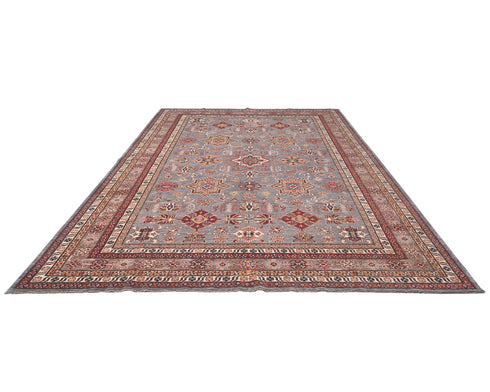 Gray 9x12 Ft Kazak Afghan Hand Knotted Geometric Wool Area Rug