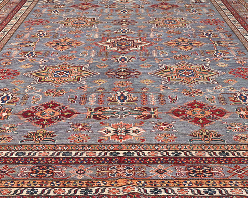 Gray 9x12 Ft Kazak Afghan Hand Knotted Geometric Wool Area Rug