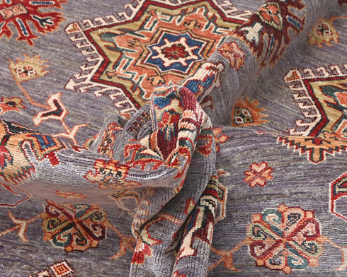 Gray 9x12 Ft Kazak Afghan Hand Knotted Geometric Wool Area Rug