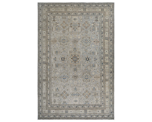 9x12 Gray Kazak Afghan Hand Knotted Geometric Wool Area Rug