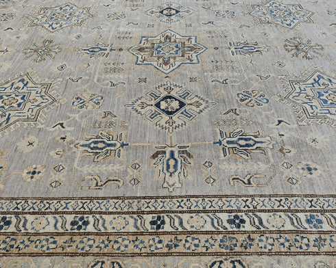 9x12 Gray Kazak Afghan Hand Knotted Geometric Wool Area Rug