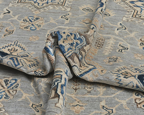 9x12 Gray Kazak Afghan Hand Knotted Geometric Wool Area Rug