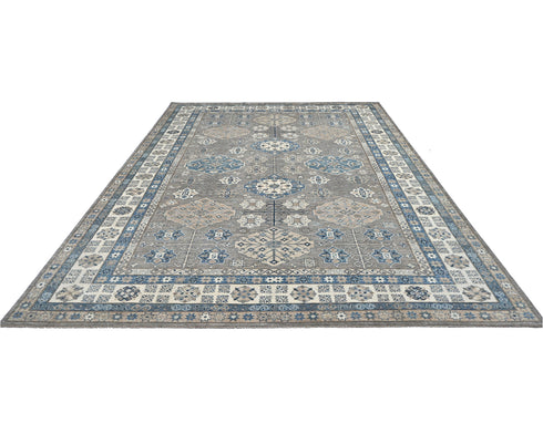 9x12 Ft Gray Blue Kazak Afghan Hand Knotted Geometric Wool Area Rug