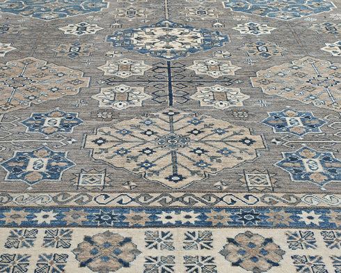 9x12 Ft Gray Blue Kazak Afghan Hand Knotted Geometric Wool Area Rug