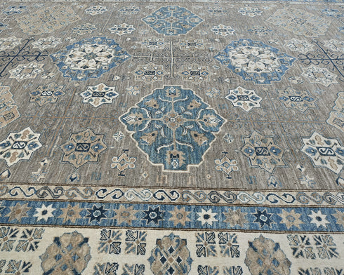 9x12 Ft Gray Blue Kazak Afghan Hand Knotted Geometric Wool Area Rug