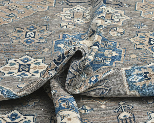 9x12 Ft Gray Blue Kazak Afghan Hand Knotted Geometric Wool Area Rug