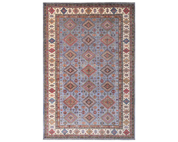 9x12 Gray Kazak Afghan Hand Knotted Geometric Wool Area Rug