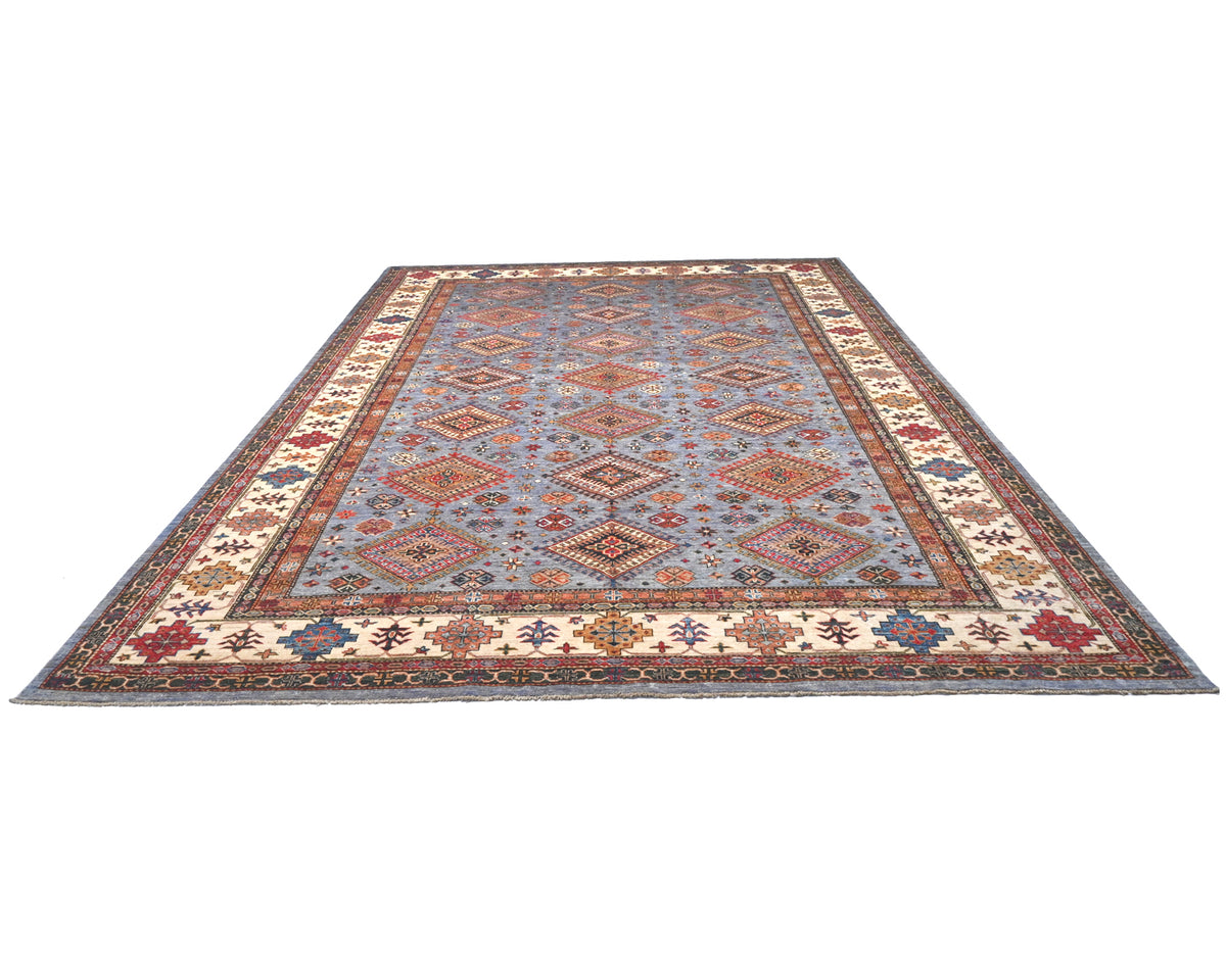 9x12 Gray Kazak Afghan Hand Knotted Geometric Wool Area Rug