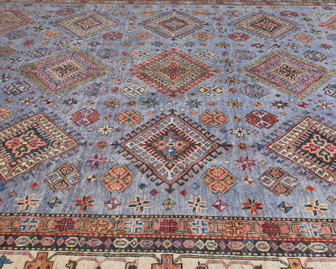 9x12 Gray Kazak Afghan Hand Knotted Geometric Wool Area Rug