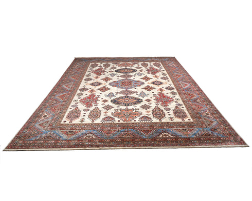 10x14 Beige Kazak Afghan Hand Knotted Geometric Wool Area Rug