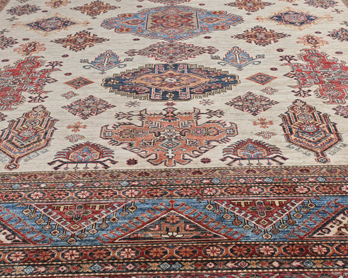 10x14 Beige Kazak Afghan Hand Knotted Geometric Wool Area Rug