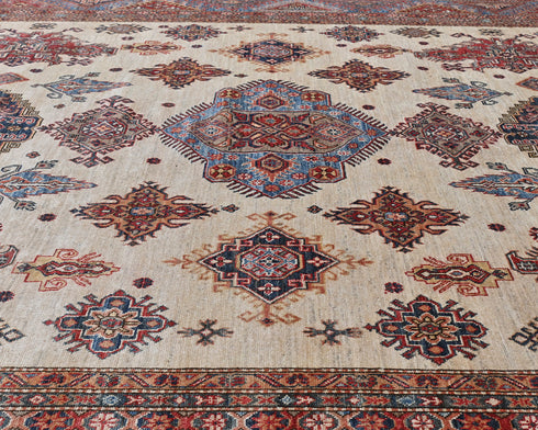 10x14 Beige Kazak Afghan Hand Knotted Geometric Wool Area Rug