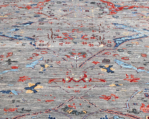 Alfombra afgana Aryana de lana teñida con vegetales, anudada a mano, color gris, 9 x 12