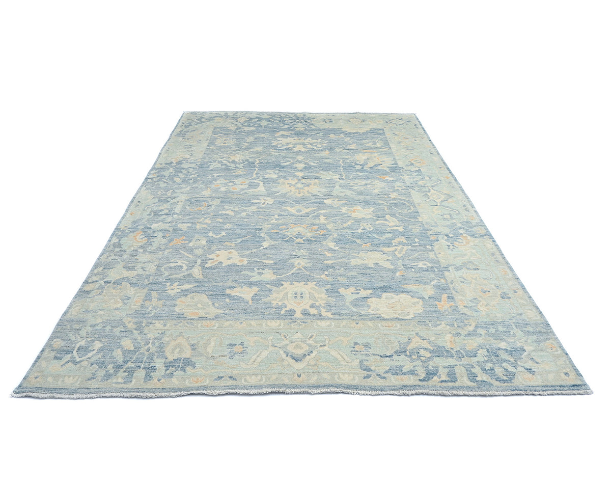 Muted Blue 9x12 Ft Oushak Turkish Hand Knotted Traditional Soft Wool Area Rug