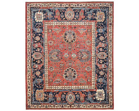 8x10 Rust Blue Aryana Afghan Hand Knotted Veg Dye Wool Area Rug