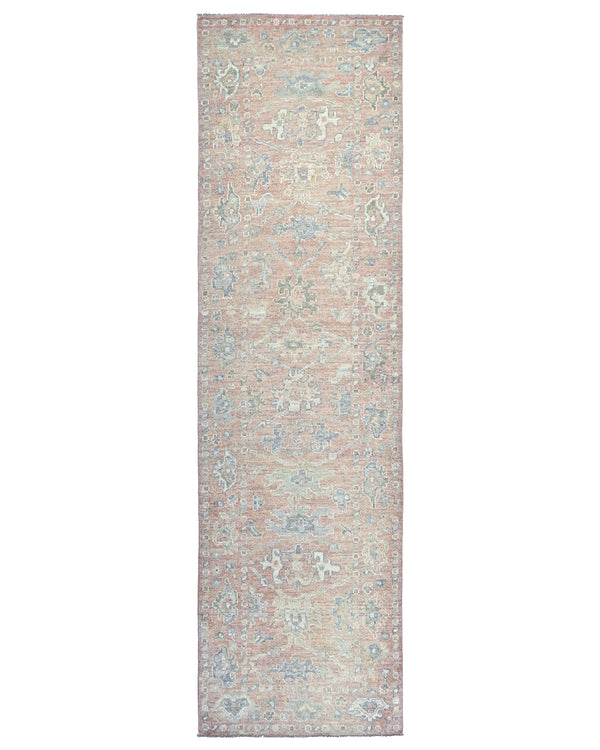 Muted Pink 10 Ft Oushak Turkish Hand Knotted Traditional Soft Wool Runner Rug