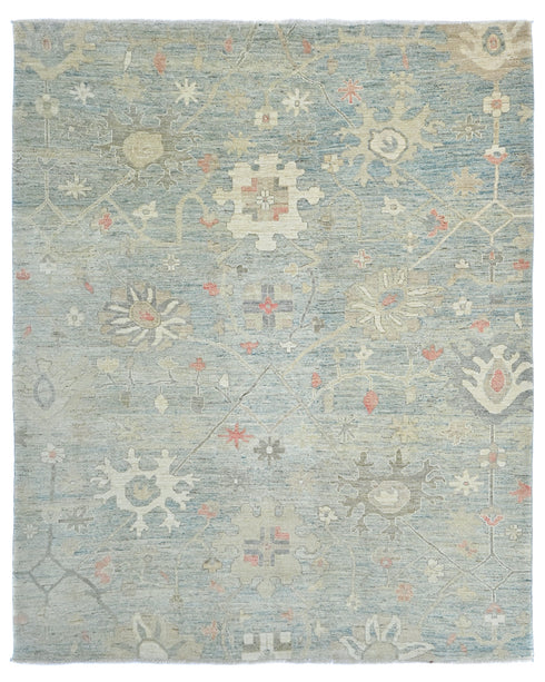 8x10 Soft Blue Oushak Turkish Hand Knotted Traditional Veg Dye Wool Area Rug