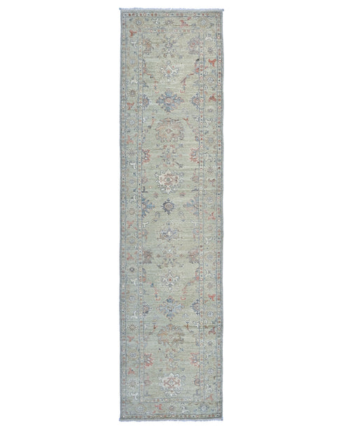 12 Ft Olive Green Oushak Turkish Hand Knotted Floral Soft Wool Runner Rug