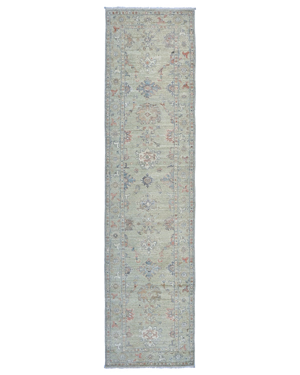 12 Ft Olive Green Oushak Turkish Hand Knotted Floral Soft Wool Runner Rug