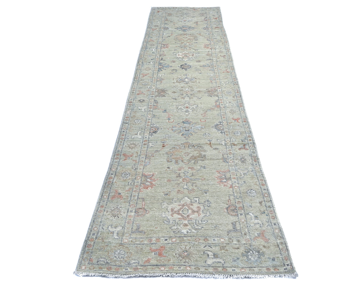 12 Ft Olive Green Oushak Turkish Hand Knotted Floral Soft Wool Runner Rug