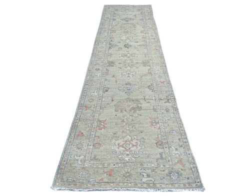 12 Ft Olive Green Oushak Turkish Hand Knotted Floral Soft Wool Runner Rug