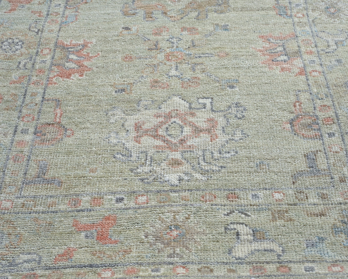 12 Ft Olive Green Oushak Turkish Hand Knotted Floral Soft Wool Runner Rug