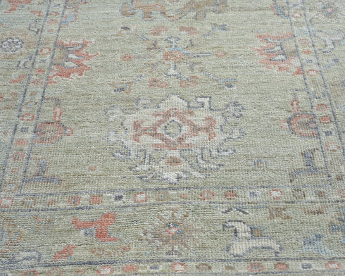 12 Ft Olive Green Oushak Turkish Hand Knotted Floral Soft Wool Runner Rug