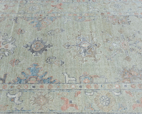 12 Ft Olive Green Oushak Turkish Hand Knotted Floral Soft Wool Runner Rug