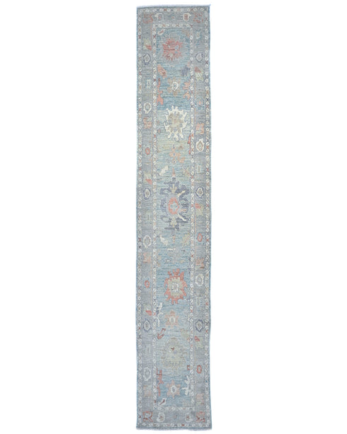 16 Ft Soft Blue Oushak Turkish Handmade Traditional Soft Wool Runner Rug