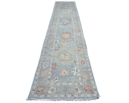 16 Ft Soft Blue Oushak Turkish Handmade Traditional Soft Wool Runner Rug