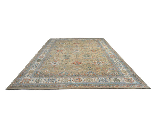 10x14 Ft Golden Brown Kazak Afghan Hand Knotted Geometric Wool Area Rug