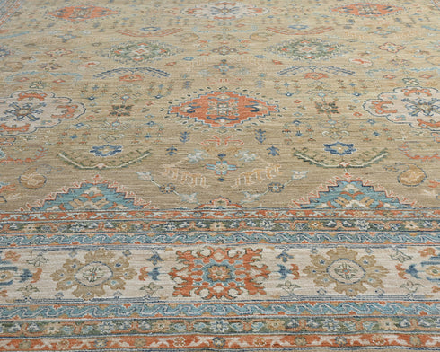 10x14 Ft Golden Brown Kazak Afghan Hand Knotted Geometric Wool Area Rug