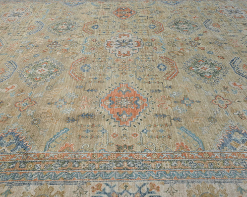 10x14 Ft Golden Brown Kazak Afghan Hand Knotted Geometric Wool Area Rug