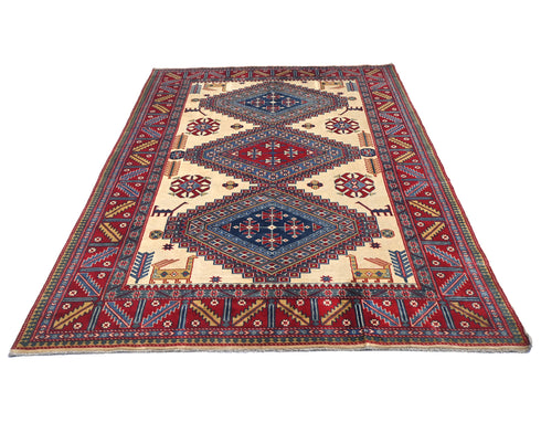 5x7 Beige Shirvan Afghan Hand Knotted Geometric Wool Area Rug