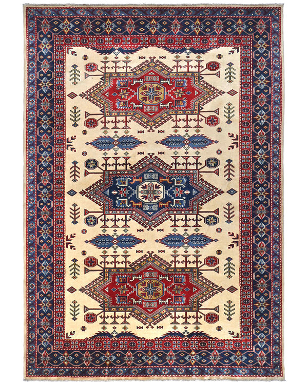 6x8 Beige Shirvan Afghan Hand Knotted Geometric Wool Area Rug