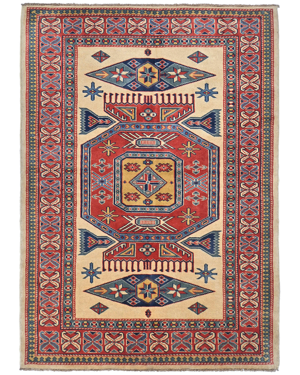 Alfombra afgana Shirvan de lana geométrica anudada a mano, color beige y rojo, de 3 x 5 pies