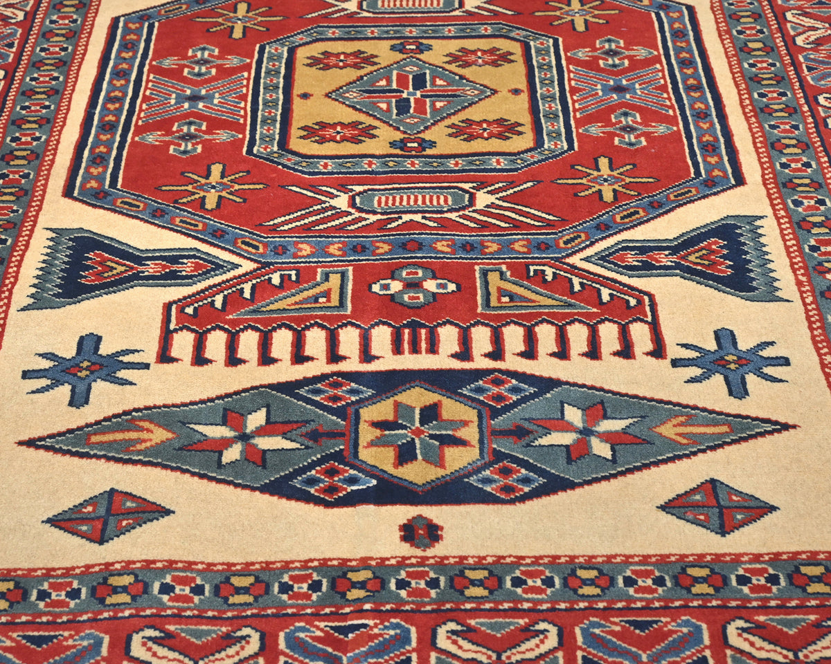 Alfombra afgana Shirvan de lana geométrica anudada a mano, color beige y rojo, de 3 x 5 pies