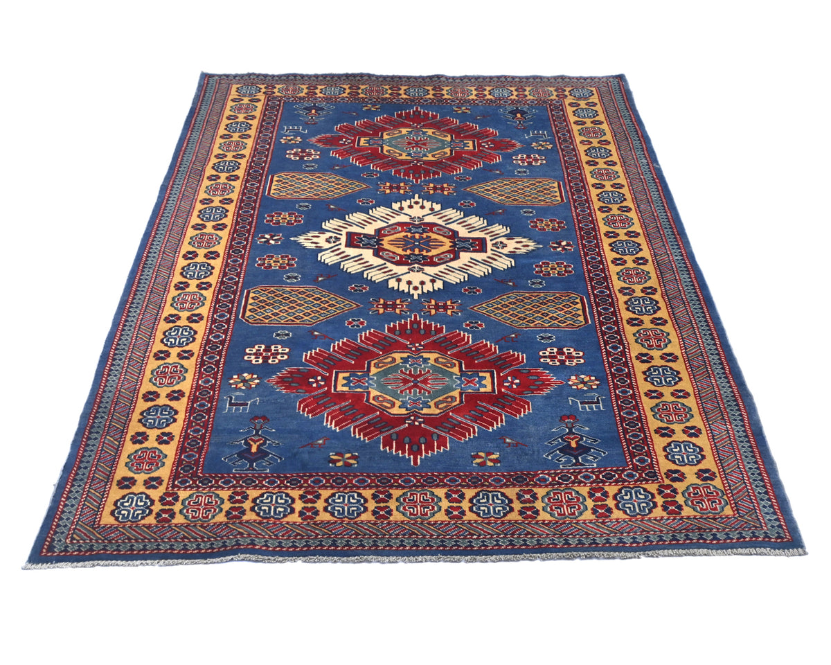 Alfombra afgana Shirvan de lana geométrica anudada a mano, 4x6, color azul