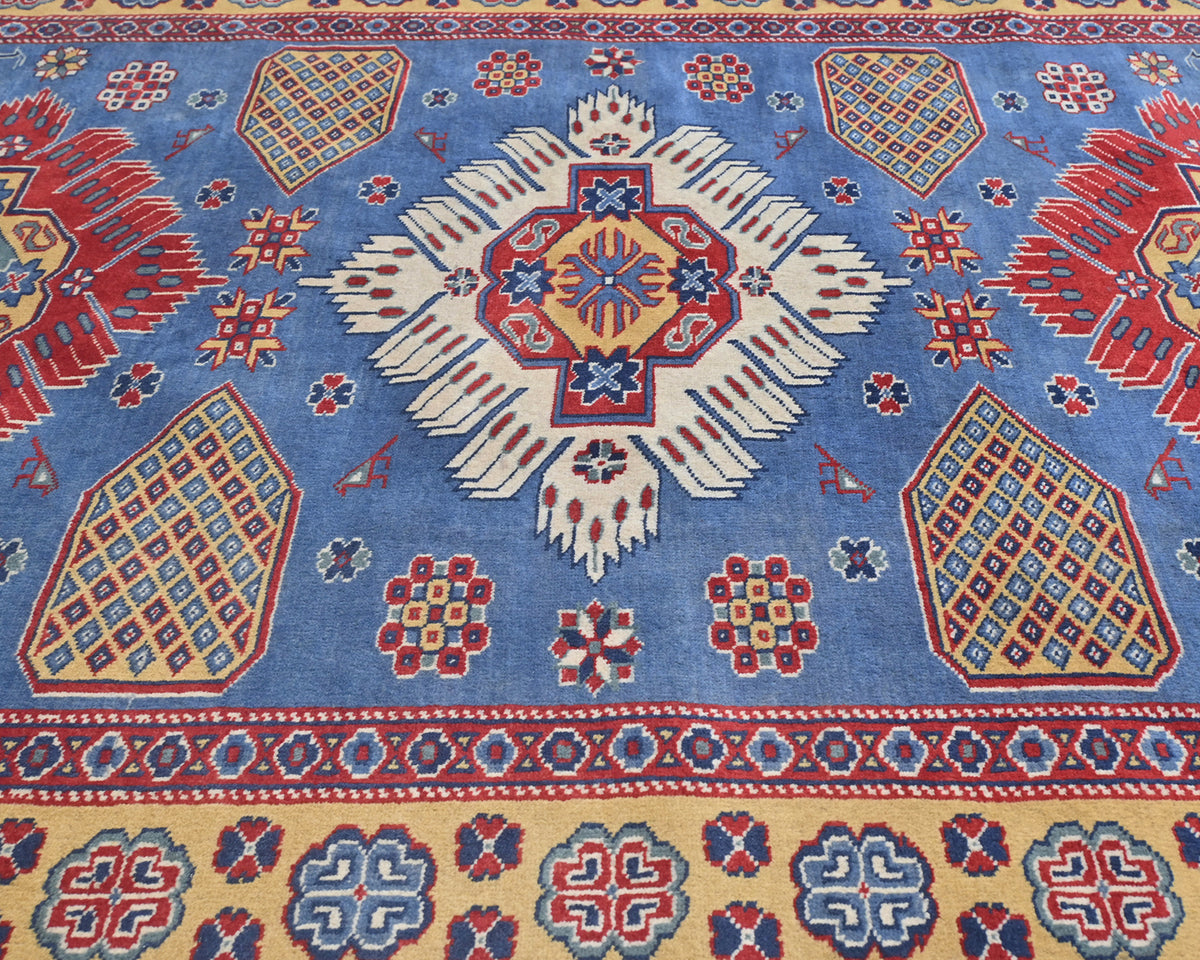 Alfombra afgana Shirvan de lana geométrica anudada a mano, 4x6, color azul