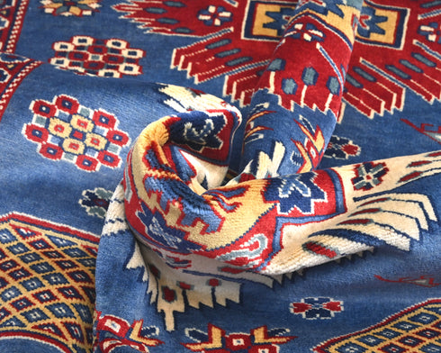 Alfombra afgana Shirvan de lana geométrica anudada a mano, 4x6, color azul