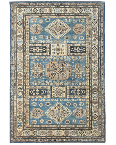 6x8 Blue Kazak Afghan Hand Knotted Geometric Wool Area Rug