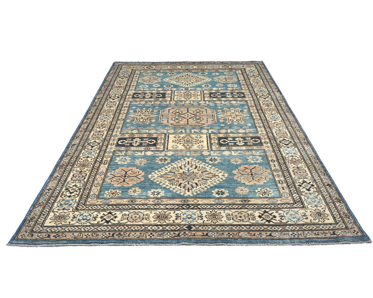 6x8 Blue Kazak Afghan Hand Knotted Geometric Wool Area Rug
