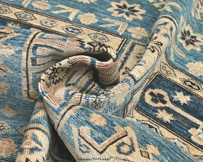 6x8 Blue Kazak Afghan Hand Knotted Geometric Wool Area Rug