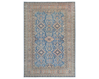 Alfombra afgana Kazak azul de lana geométrica anudada a mano de 2,7 x 3,6 m