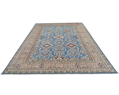 Alfombra afgana Kazak azul de lana geométrica anudada a mano de 2,7 x 3,6 m