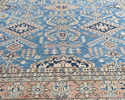 Alfombra afgana Kazak azul de lana geométrica anudada a mano de 2,7 x 3,6 m